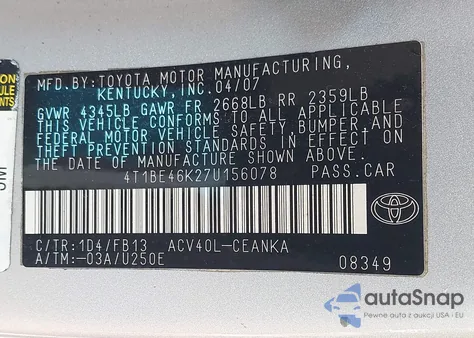 2007 Toyota Camry Ce/Le/Xle/Se z USA, uszkodzony, nr VIN 4T1BE46K27U156078